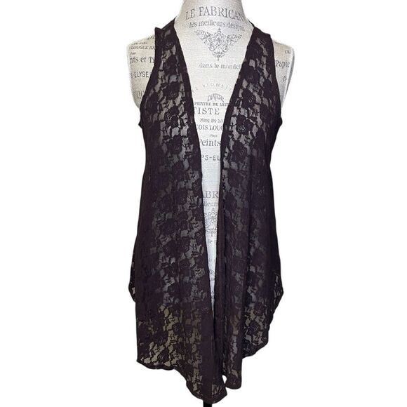 Back In The Saddle High Low Floral Lace Sleeveless Cardigan Dark Brown Medium - Picture 2 of 9